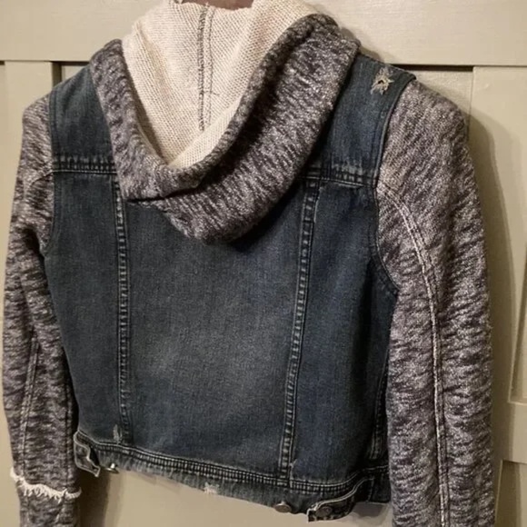 Free People Distressed Denim Jean Jacket W/ Knit Sleeves & Hood Black Size Small - Picture 9 of 11